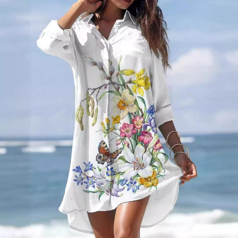 Old Women's Printed Plus Size Beach Sun Protection Shirt Dress - Image 4