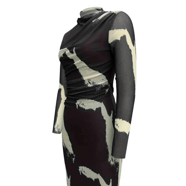 Mesh Floral Print Tight Split Round Neck Dress - Image 4
