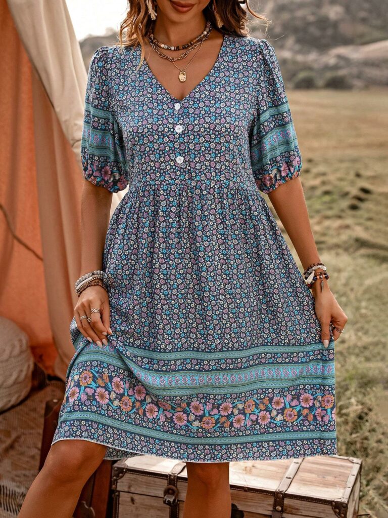 Printed Buttoned Casual Dress Vacation Beach Outfits Women - Image 5