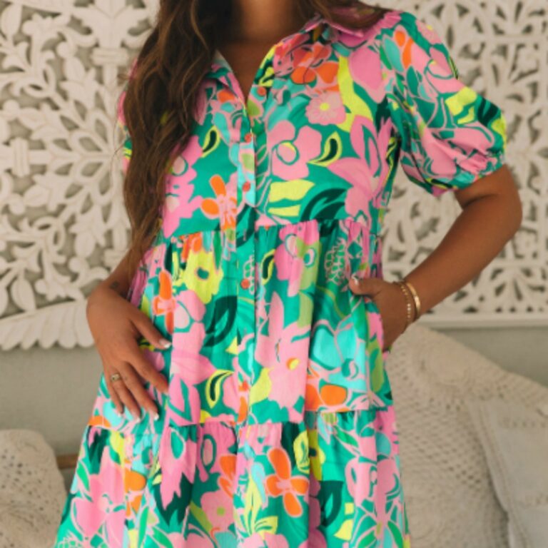 Flower Bubble Sleeve Collar Button Doll Dress