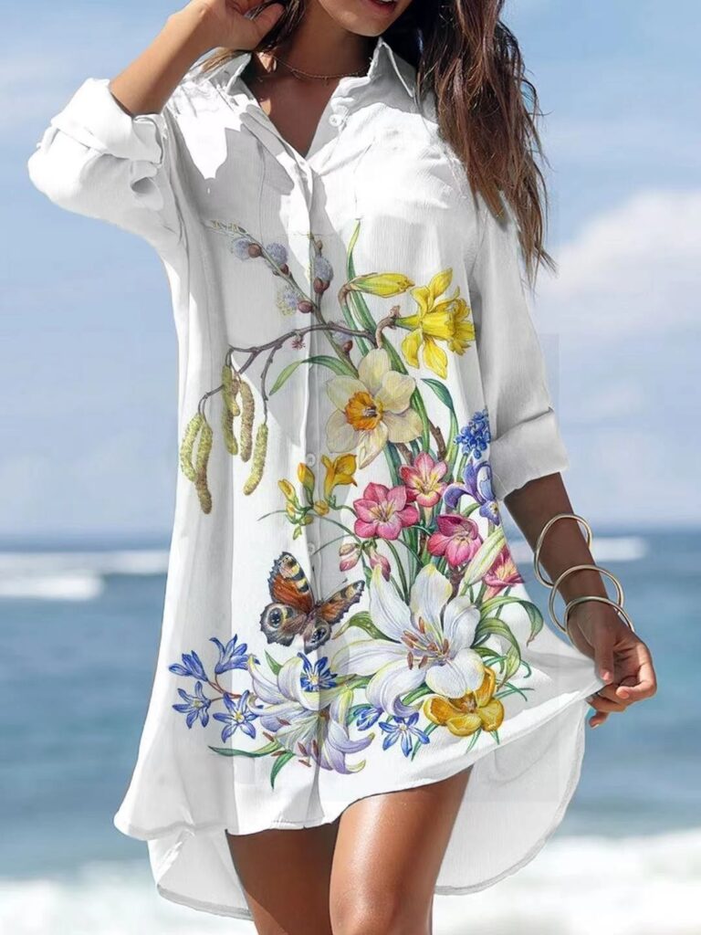 Old Women's Printed Plus Size Beach Sun Protection Shirt Dress - Image 7