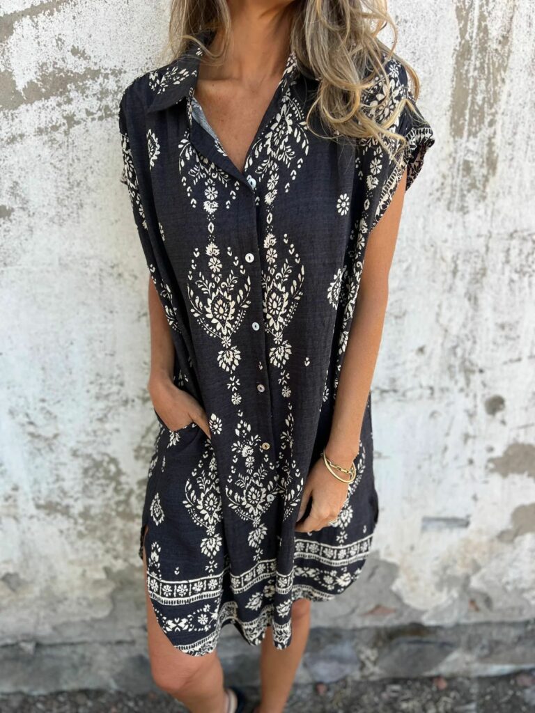 Loose Casual Short Sleeve Cotton Linen Shirt Pocket Print Dress - Image 4