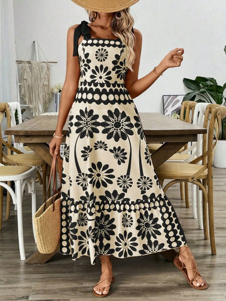 Casual Floral Print Shoulder Tie Waist Suspender Dress - Image 2