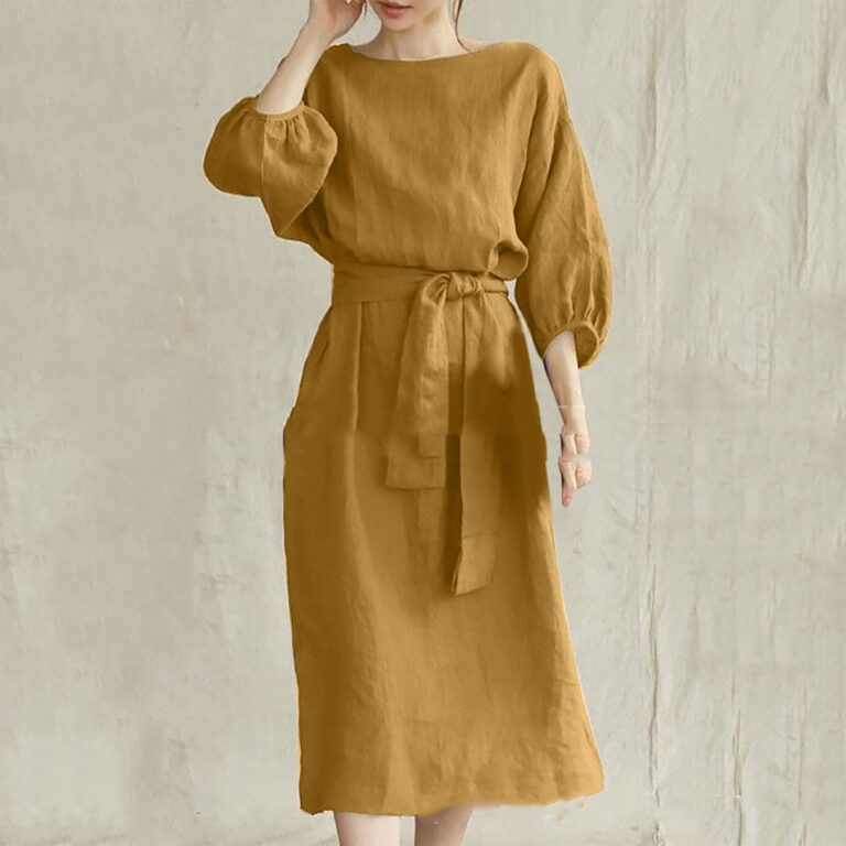 Mid-length High Waist Lace-up Solid Color Round Neck Dress - Image 7