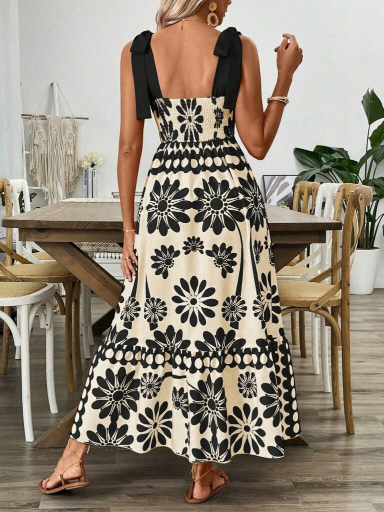 Casual Floral Print Shoulder Tie Waist Suspender Dress - Image 5