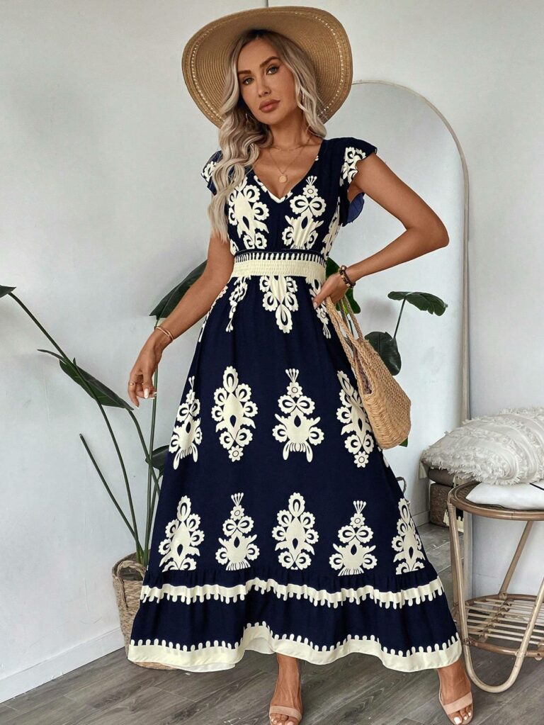 Trim Cap Sleeve Cinched Waist Ruffle Hem A-Line Dress - Image 4