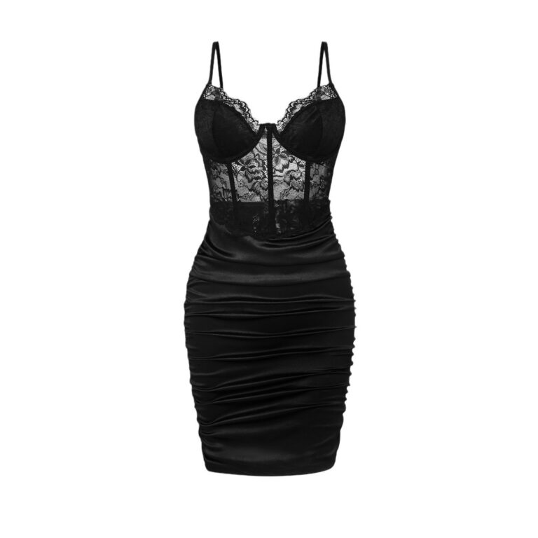 Advanced Satin Lace Fishbone Stitching See-through Hip Spaghetti Straps Dress - Image 5