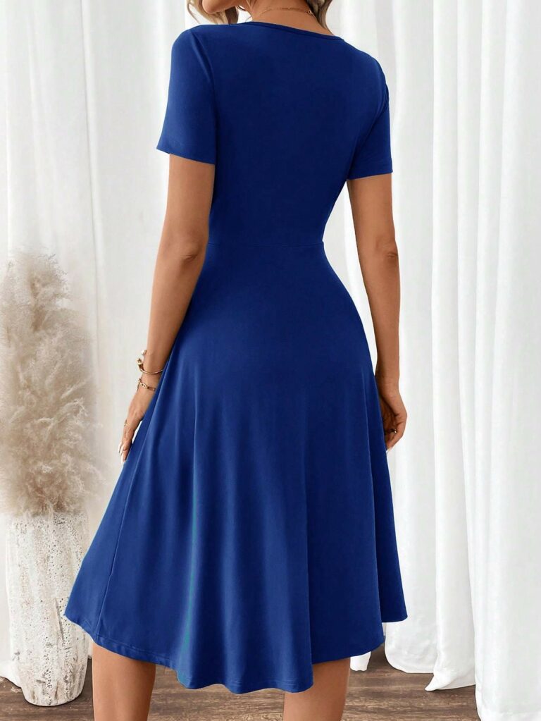 Women's Elegant V-Neck Short Sleeve A-Line Dress - Image 5