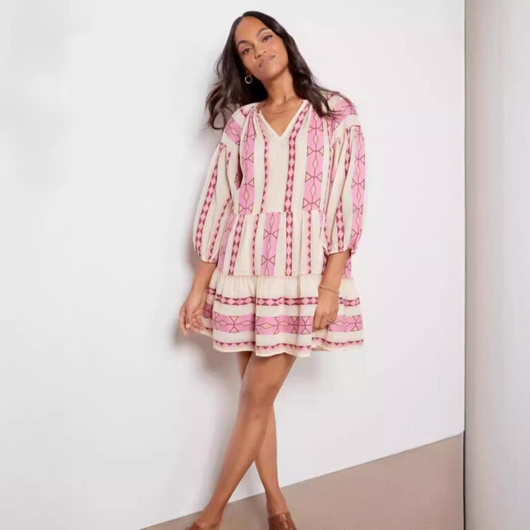 Summer New Casual 34 Sleeve V-neck Striped Printed A- Line Skirt Dress - Image 8