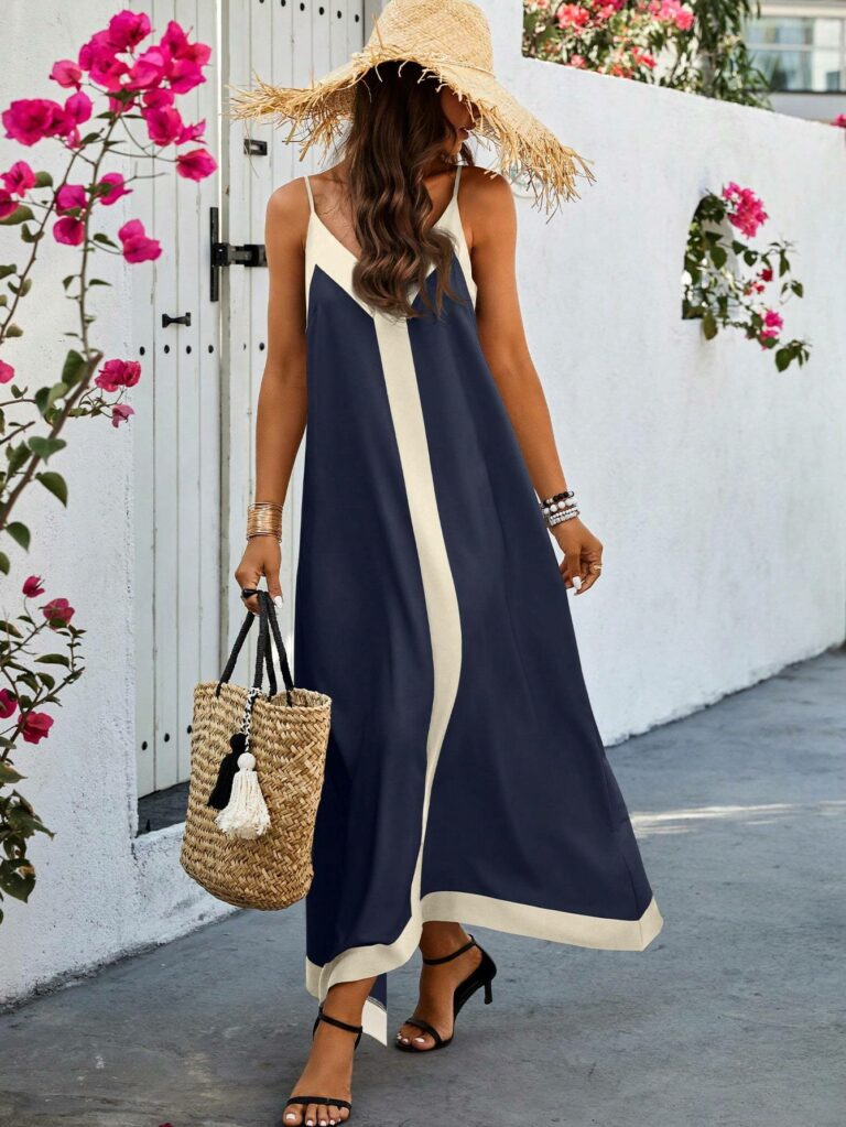 Women Two-Tone Sleeveless Casual Summer Dress Maxi Women Outfit - Image 3