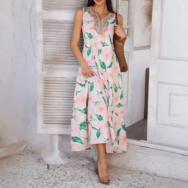 Printed Contrast Color Vacation Sleeveless A- Line Dress Women's Clothing - Image 4