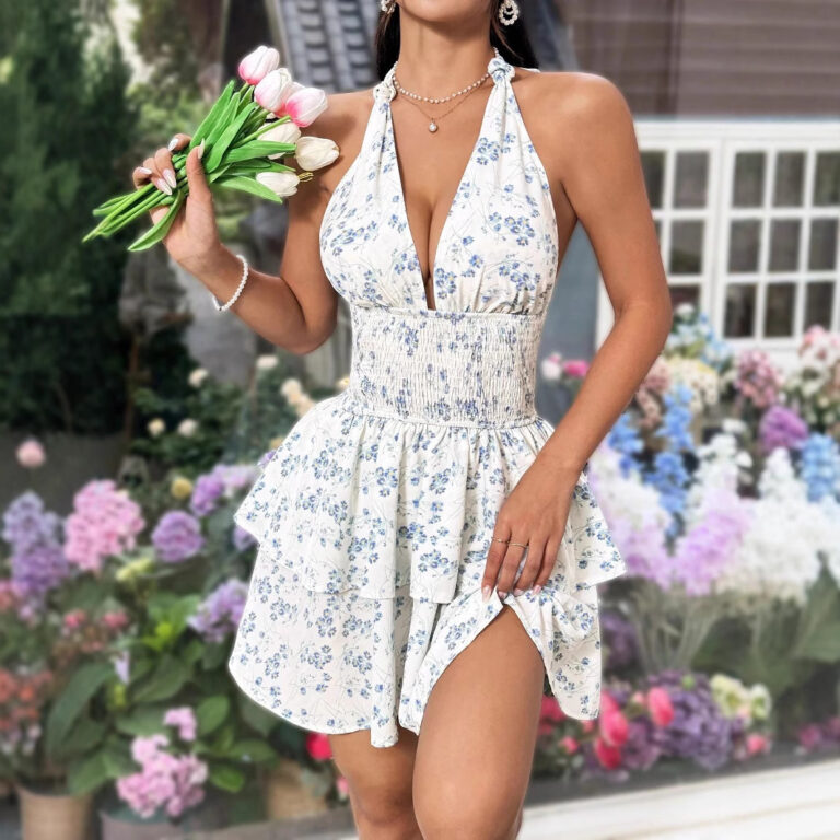 Women's Holiday Floral Flounce Halterneck With Suspenders Backless Dress