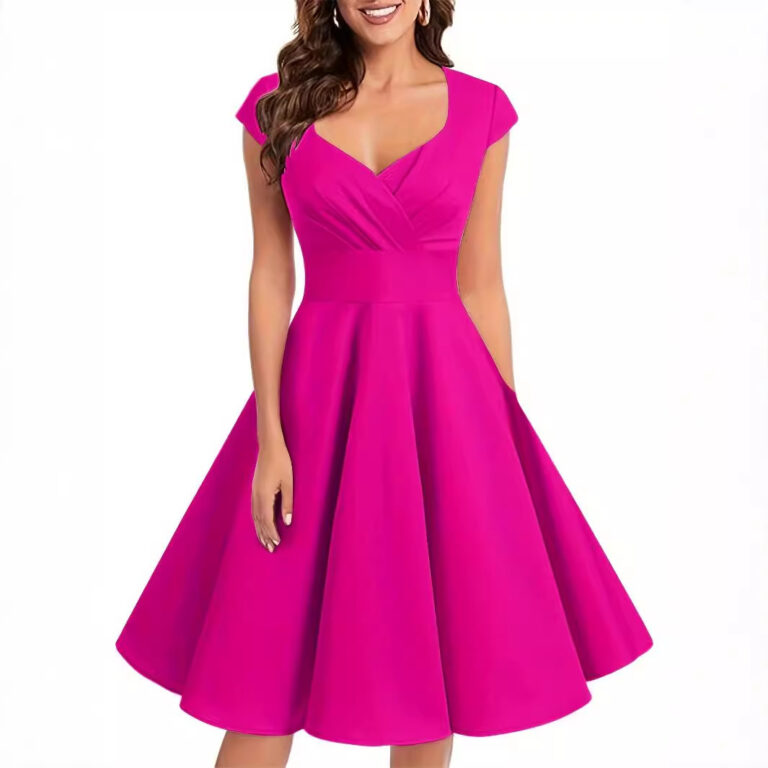 Retro Women's V-neck Half Sleeve Waist Dress - Image 2