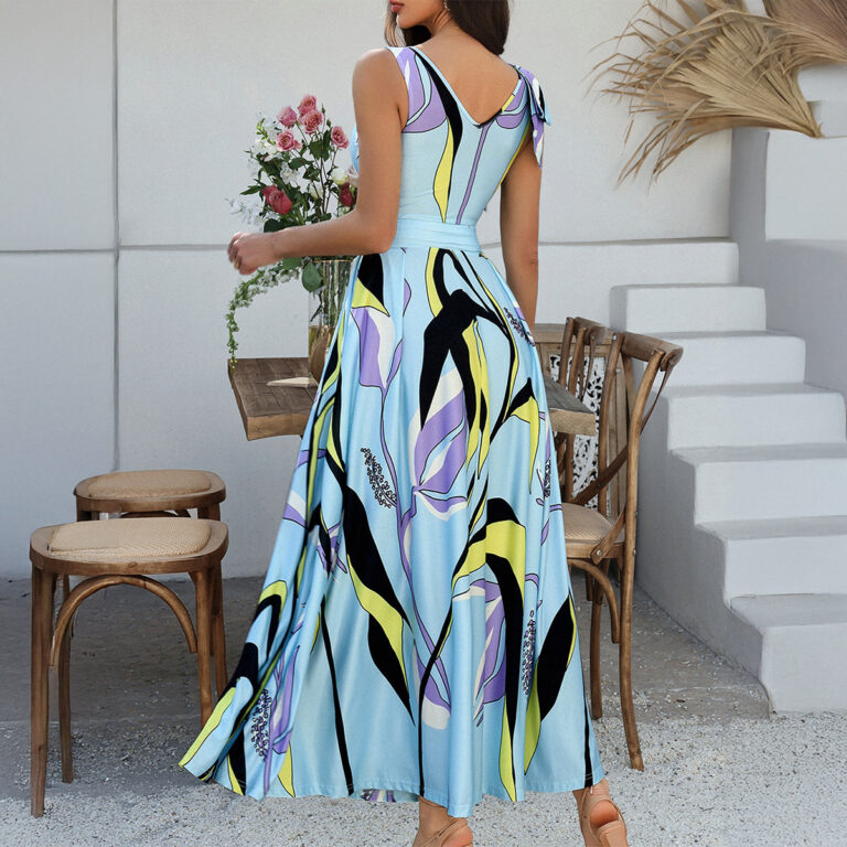 Holiday Floral Print Contrast Color Sleeveless High Waist Dress - Image 4