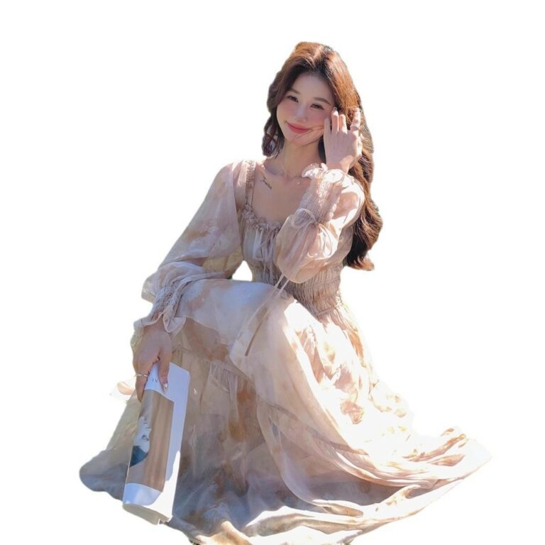 French Square Collar Puff Sleeve Chiffon Floral Dress Women - Image 5