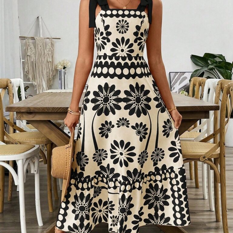Casual Floral Print Shoulder Tie Waist Suspender Dress