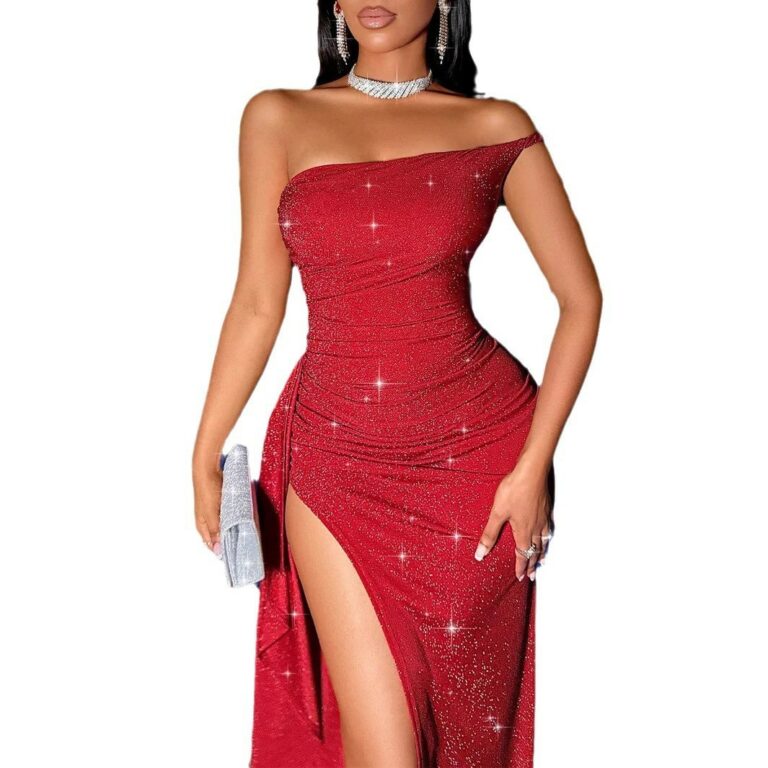 Luminous Red Asymmetric Shoulder Strap Height Side Split Dress - Image 5
