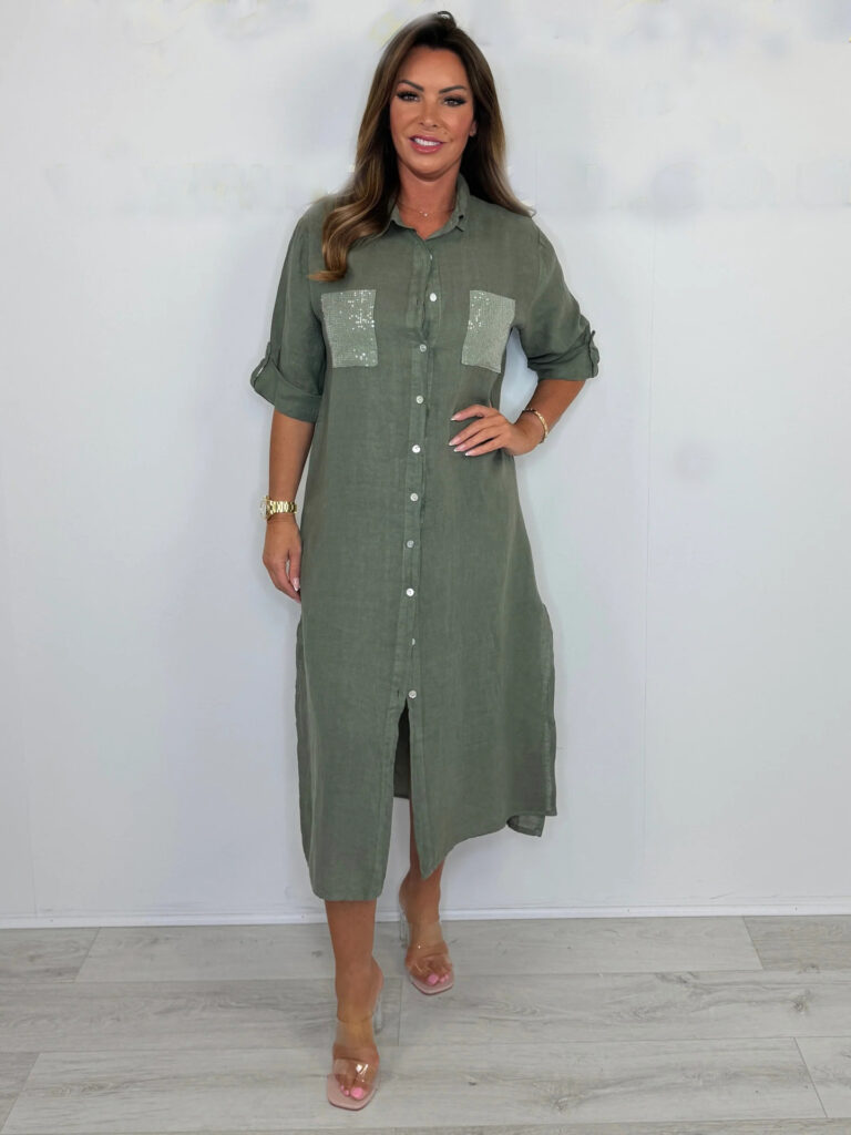 Women's Cotton And Linen Sequined Pocket Dress - Image 9