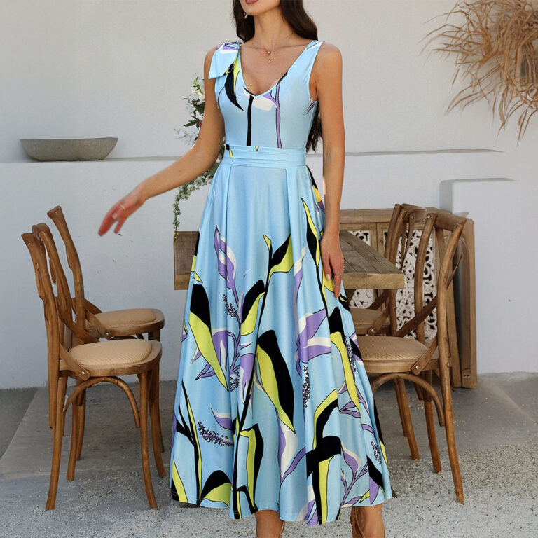 Holiday Floral Print Contrast Color Sleeveless High Waist Dress - Image 2