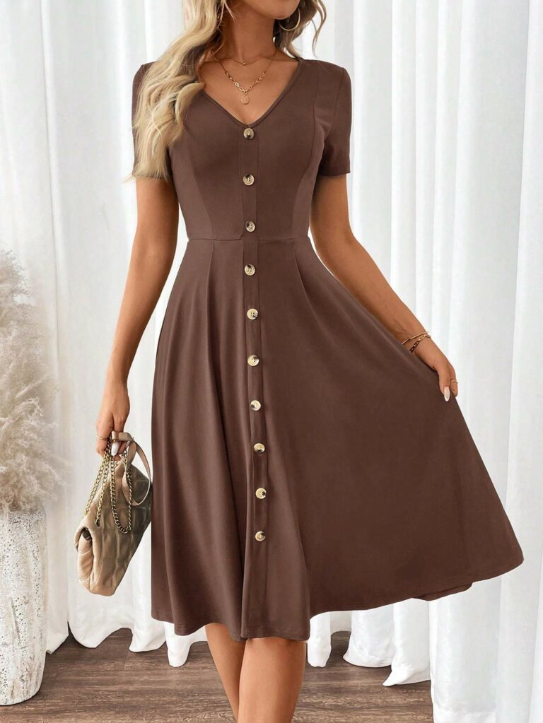 Women's Elegant V-Neck Short Sleeve A-Line Dress - Image 4