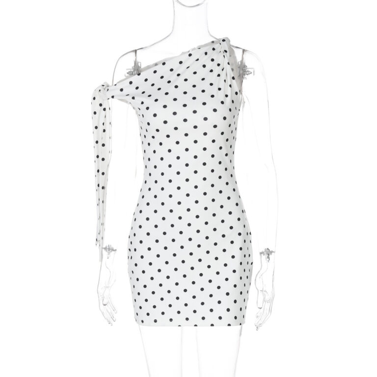 Fashion Sexy Polka Dot Print Oblique Shoulder Lace Up Slim Fit Hip Bag Dress - Image 6
