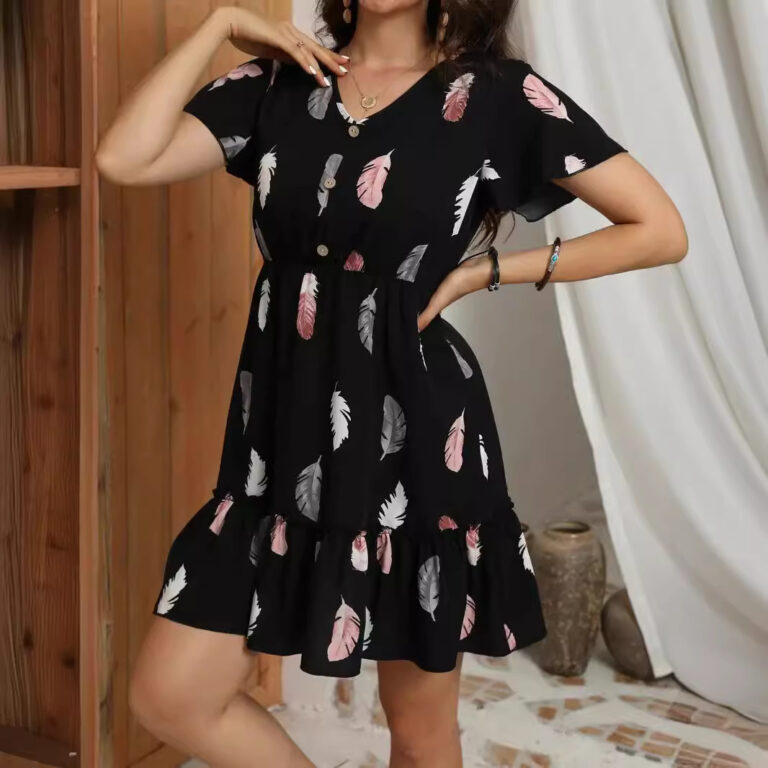 Feather Print Fashion Short Skirt Button V-neck - Image 3