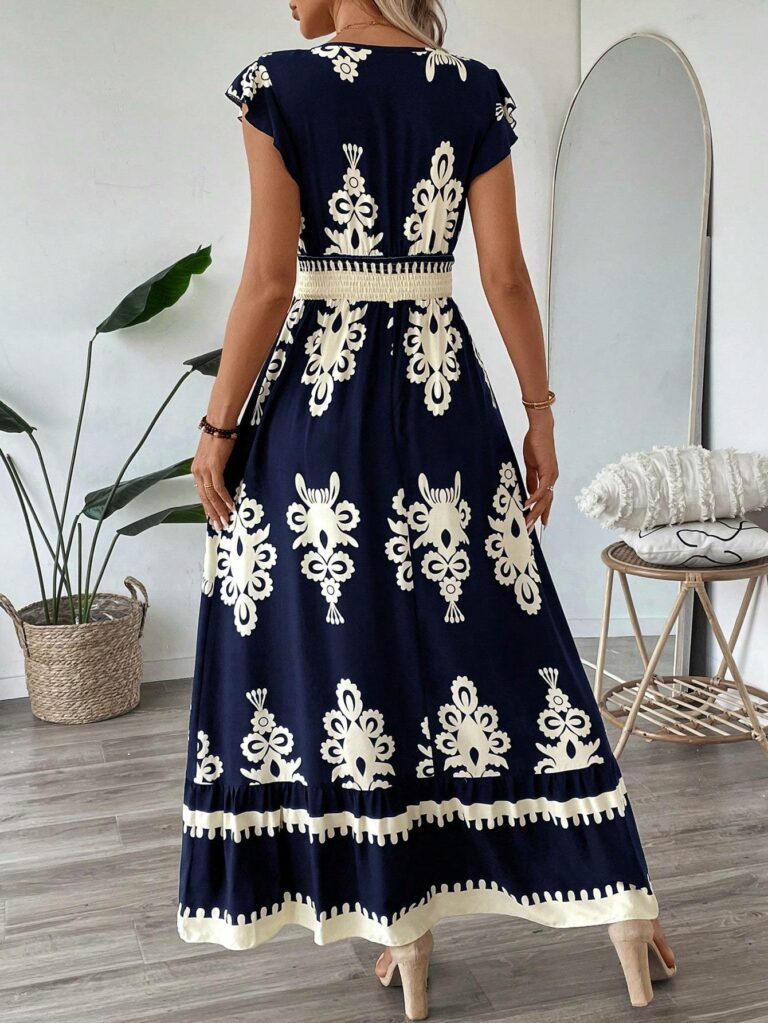 Trim Cap Sleeve Cinched Waist Ruffle Hem A-Line Dress - Image 5