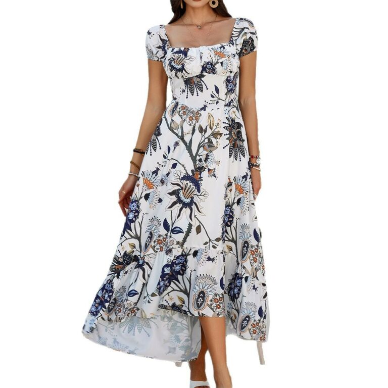 Printed Contrast Color Short Sleeve Dress Women's Clothing - Image 5