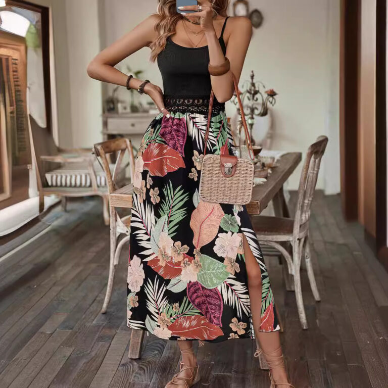 Women's Fashion Stitching Printing Waist Trimming Spaghetti Straps Dress - Image 2