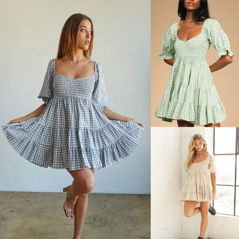 Square Collar Short Sleeve Plaid High Waist Dress - Image 2