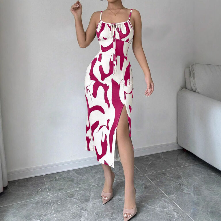 Summer Printed Suspender Split Dress Fashion Slim Lace-up Long Dresses For Women Clothing - Image 7