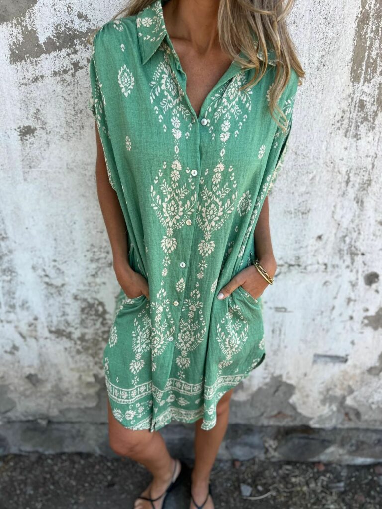 Loose Casual Short Sleeve Cotton Linen Shirt Pocket Print Dress - Image 5
