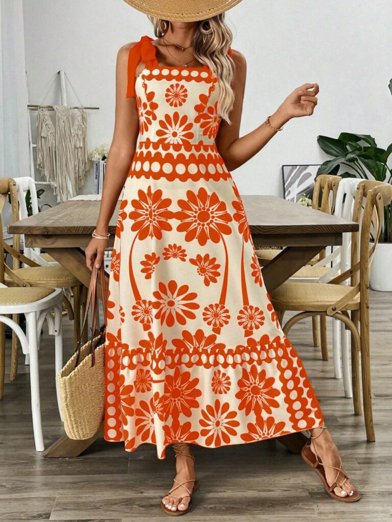 Casual Floral Print Shoulder Tie Waist Suspender Dress - Image 3