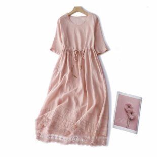 Female Ramie Mori Style Retro Crew Neck Dress