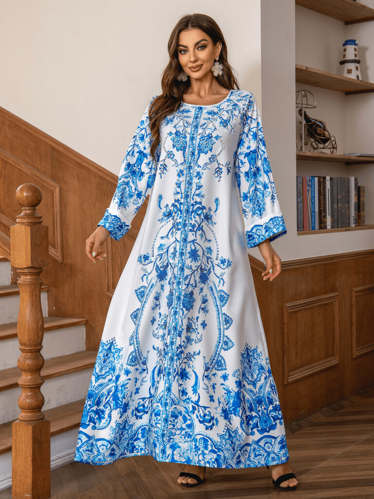 Muslim Robe Diamond Studded Bead Round Neck Dress - Image 8