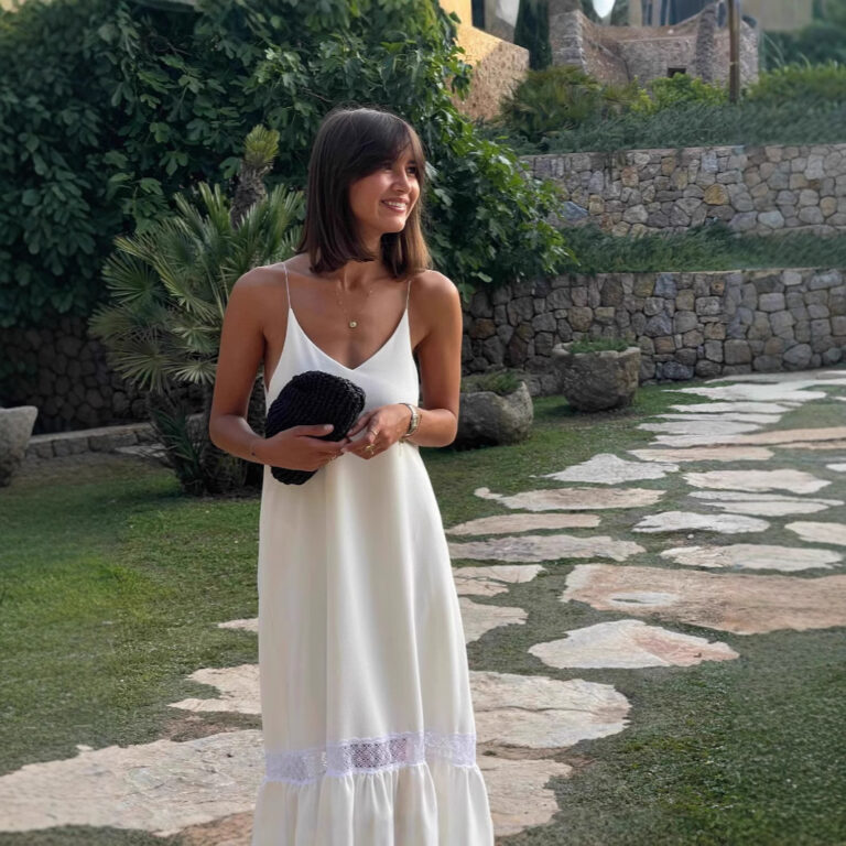 Solid Color And V-neck Sling Lace Patchwork Long Dress - Image 4