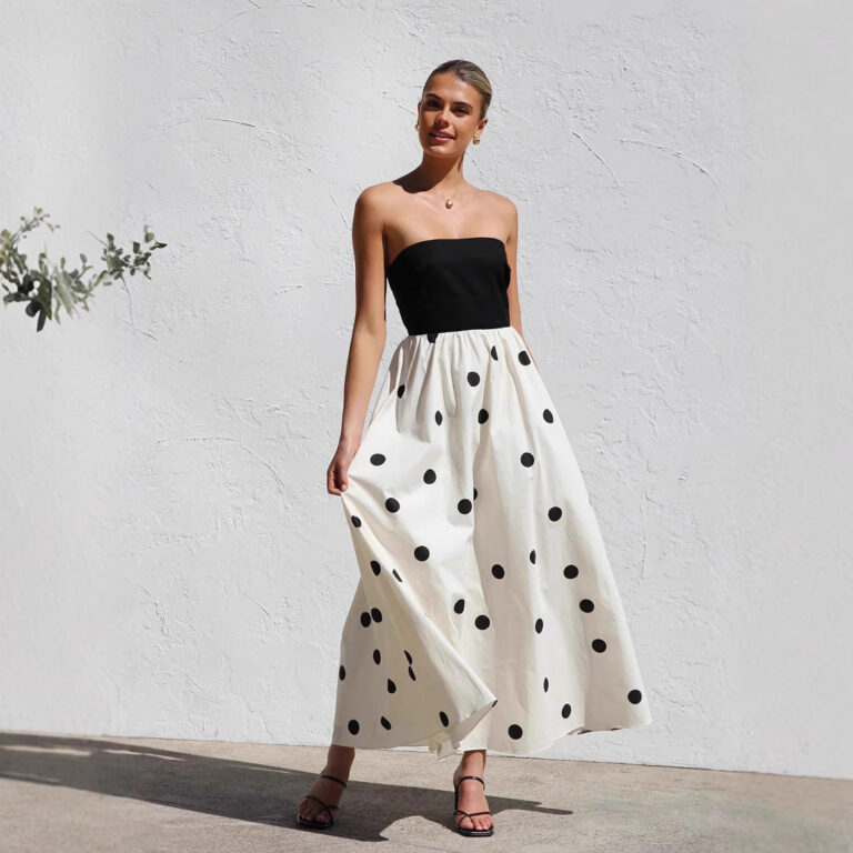 Polka Dot Print Stitching Chest Wrap A- Line Dress - Image 3
