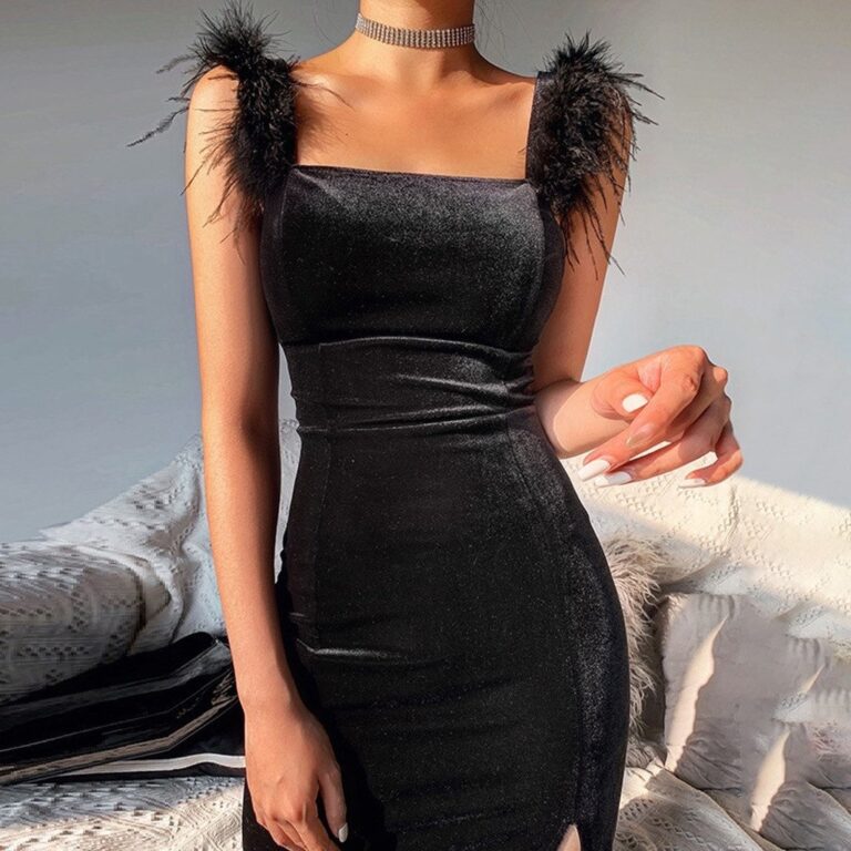 Elegant Slim Fit High Slit Sexy Pleuche Mid-length Dress - Image 2