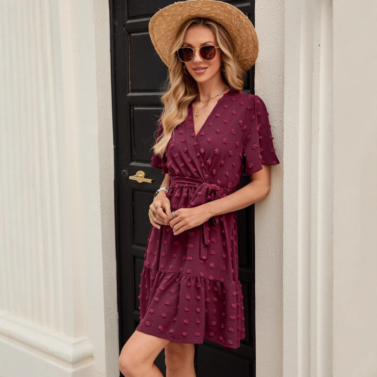Fur Ball Lotus Leaf Sleeve Solid Color And V-neck Waist Trimming Lace Up Dress - Image 3