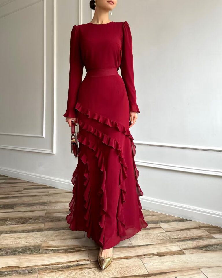 Three-dimensional Ruffled Slim Fit Long Dress Two-piece Set - Image 5