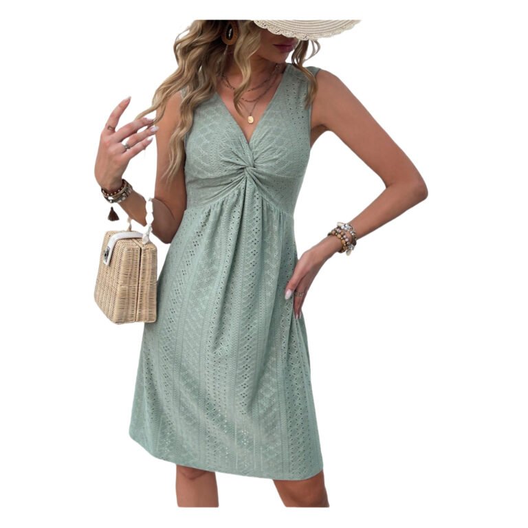 V-neck Knot Sleeveless Design Pleated Dress - Image 5