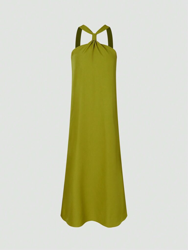 Solid Color Long Dress Neckline Knotted Suspenders Dress - Image 4