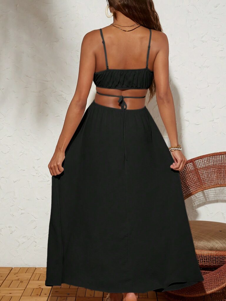 Solid Color Woven Backless Tie-Waist Dress For Vacation - Image 5