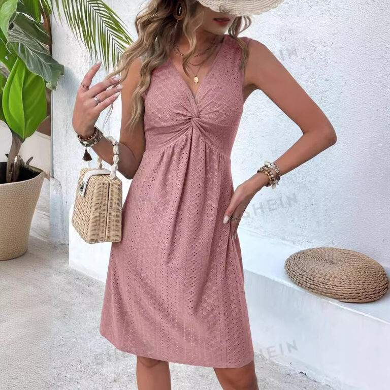 V-neck Knot Sleeveless Design Pleated Dress - Image 4