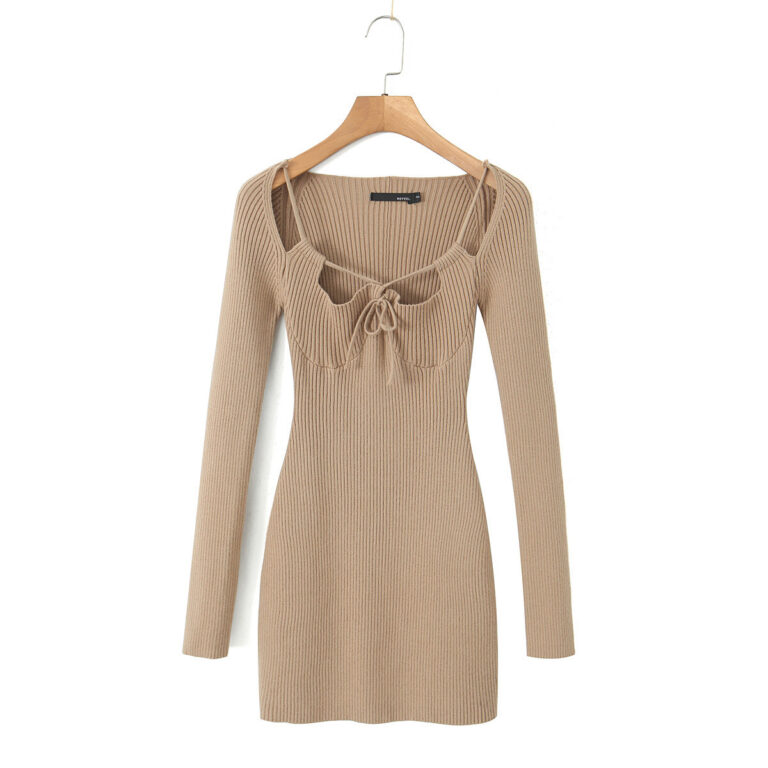 American Hot Girl Hollow Out Tied Knitted Dress - Image 2