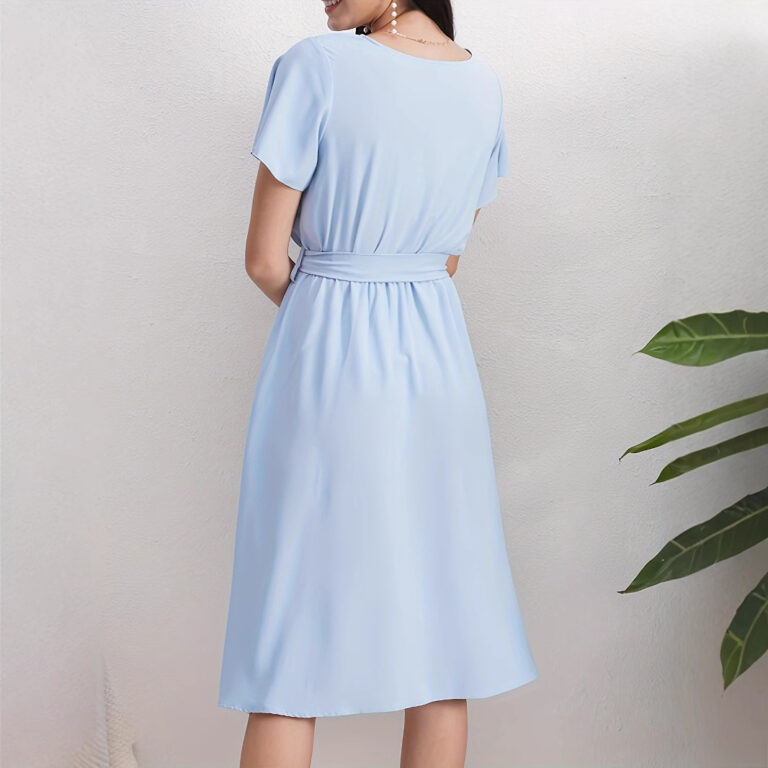 Short Sleeve Cross Collar Belt Solid Color Dress - Image 4
