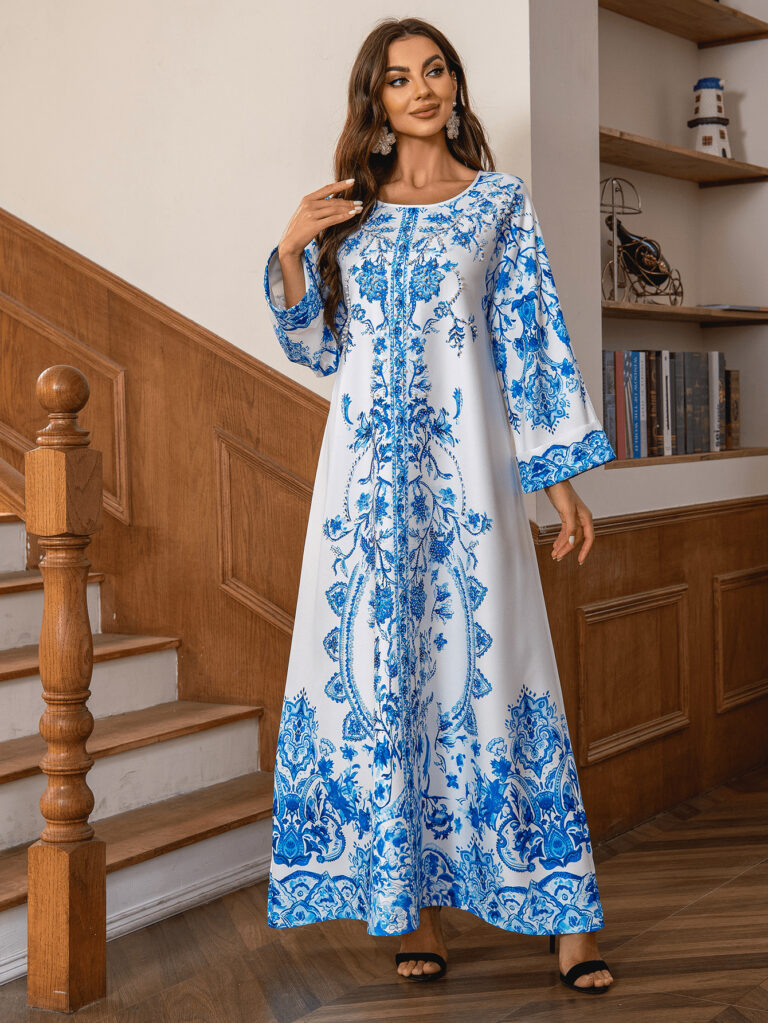 Muslim Robe Diamond Studded Bead Round Neck Dress - Image 4