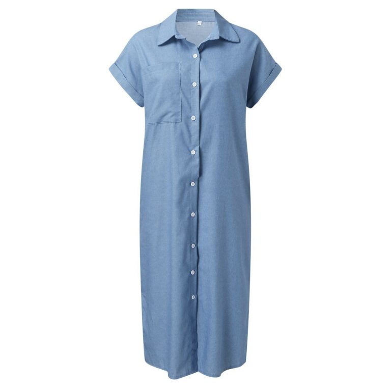 Fashion Solid Color Denim Short Sleeve Jumpsuit Slit Skirt