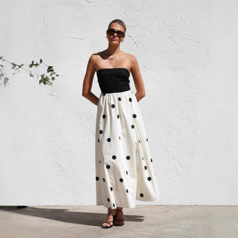 Polka Dot Print Stitching Chest Wrap A- Line Dress - Image 2