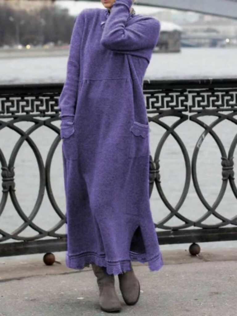 Solid Color Round Neck Pullover Lace Loose Large Size Knitted Long Dress - Image 3